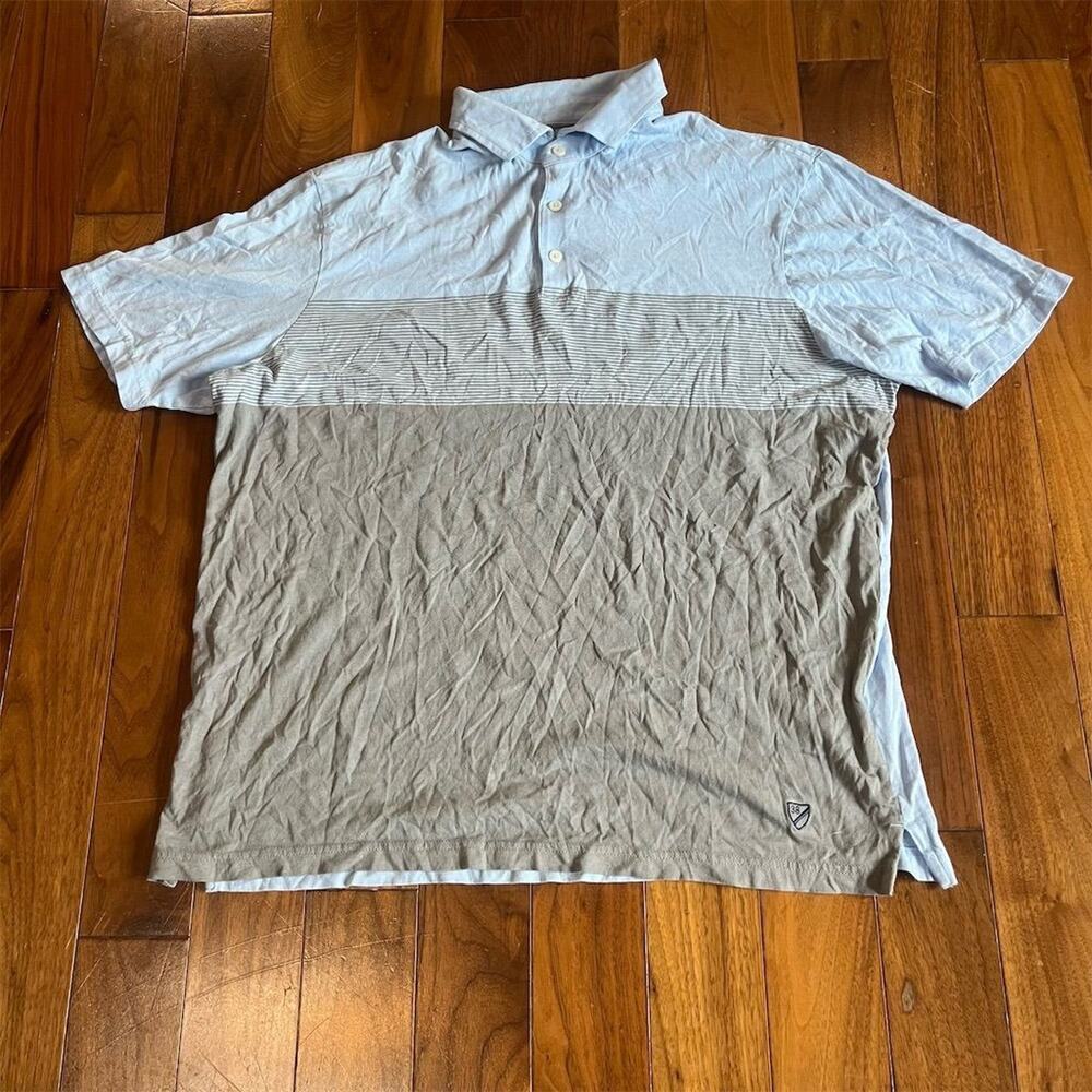 Cremieux Men's Polo Shirt L Blue/Grey Striped Short Sleeve Casual